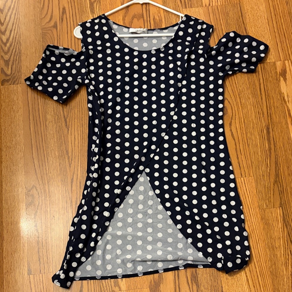 Caren Sport Navy Polka Dot Cold Shoulder Blouse